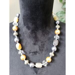 Women's Mixed Bead Necklace Gold Gray Clear Statement Lobster Clasp Chunky Boho